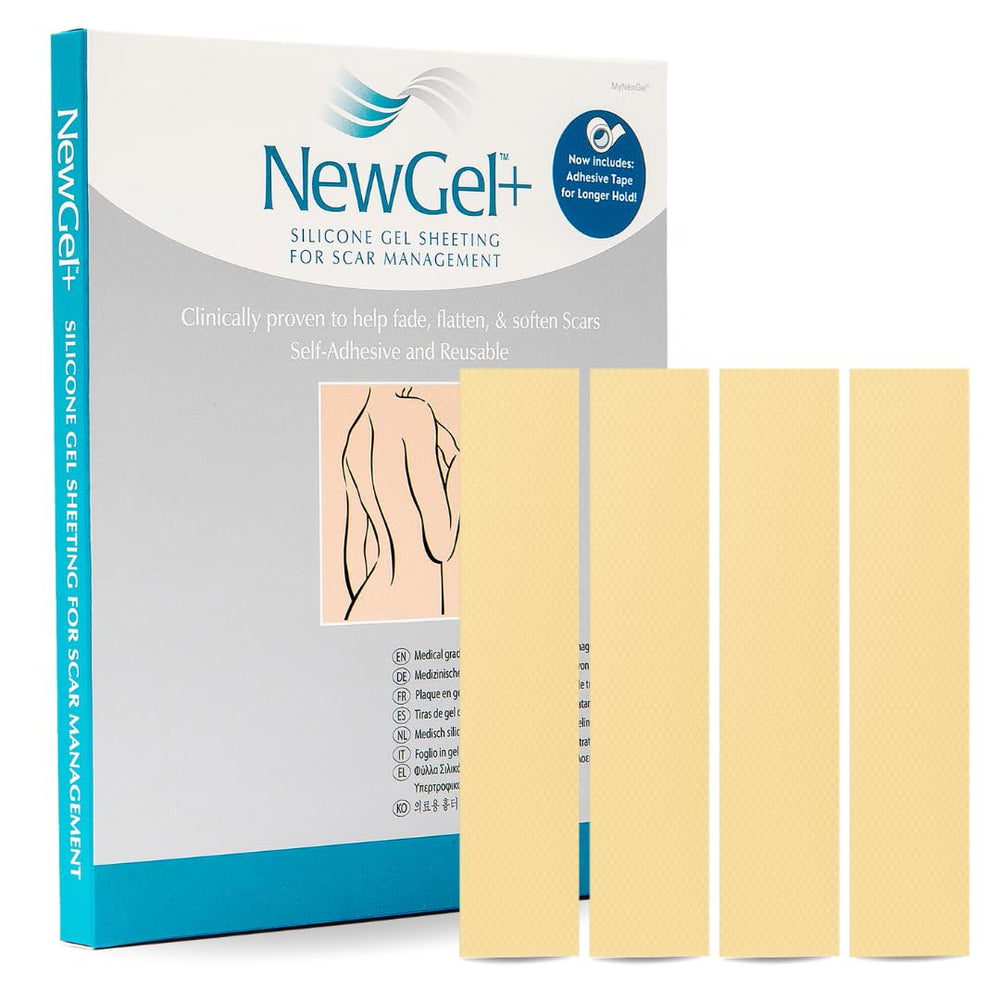 MyNewGel Advanced Silicone Scar Sheets beige 4 count packaging for discreet scar care