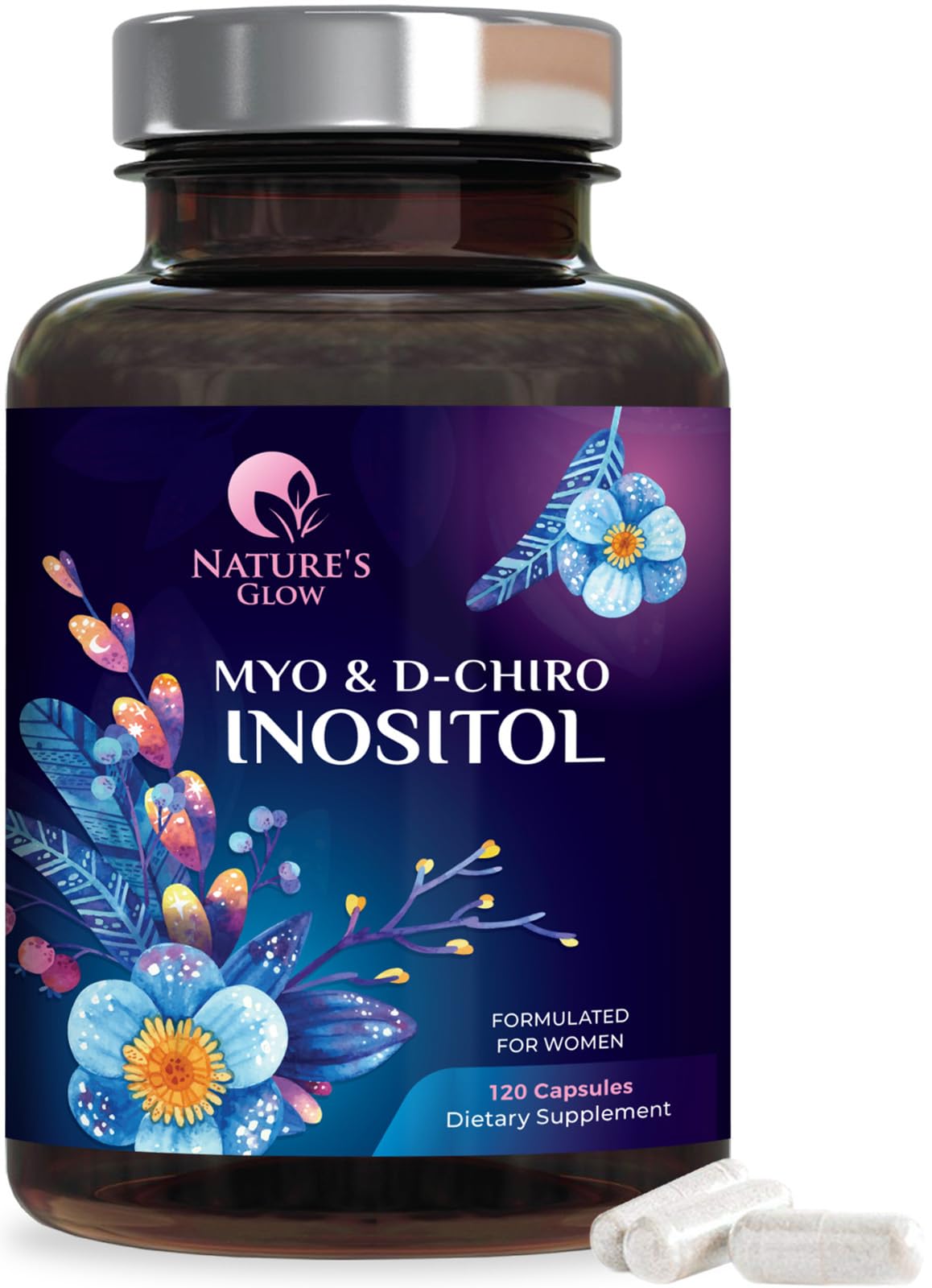 Front of bottle showing Myo-Inositol & D-Chiro Inositol 1025mg 40:1 ratio