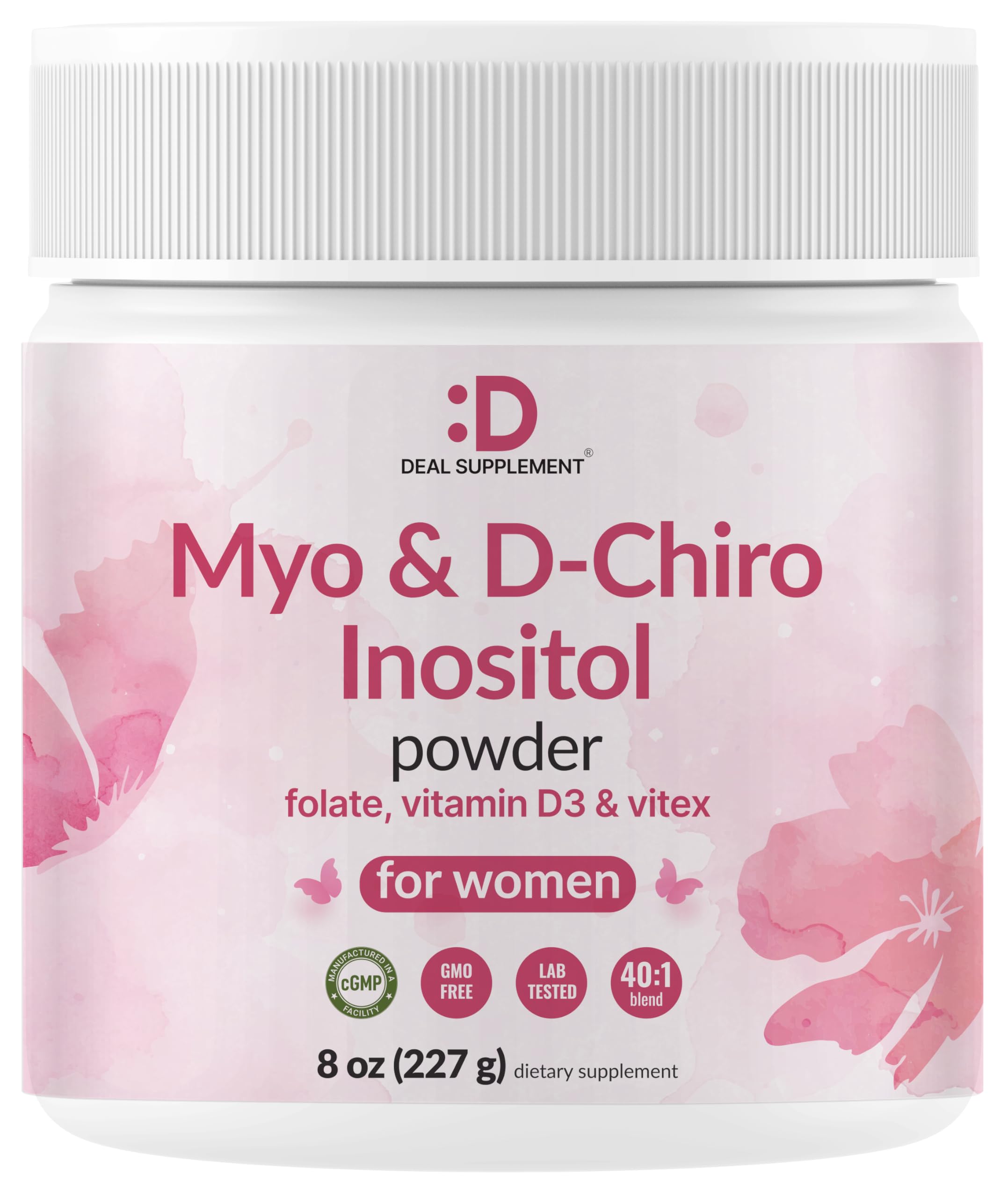 Front view of Myo-Inositol & D-Chiro Inositol supplement bottle for women, 40:1 ratio, 8 oz