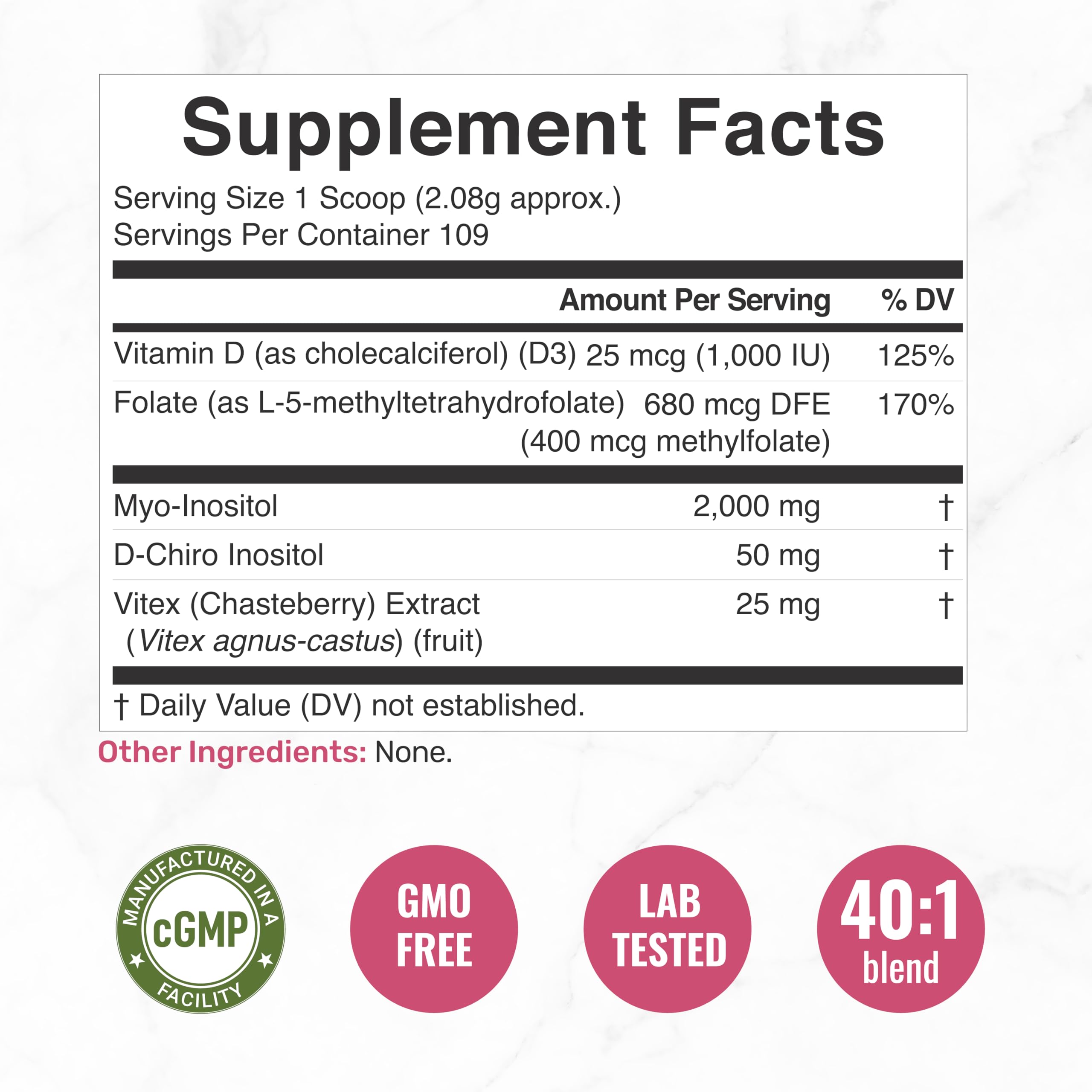 Product label highlighting 109 servings per bottle for the 40:1 inositol formula