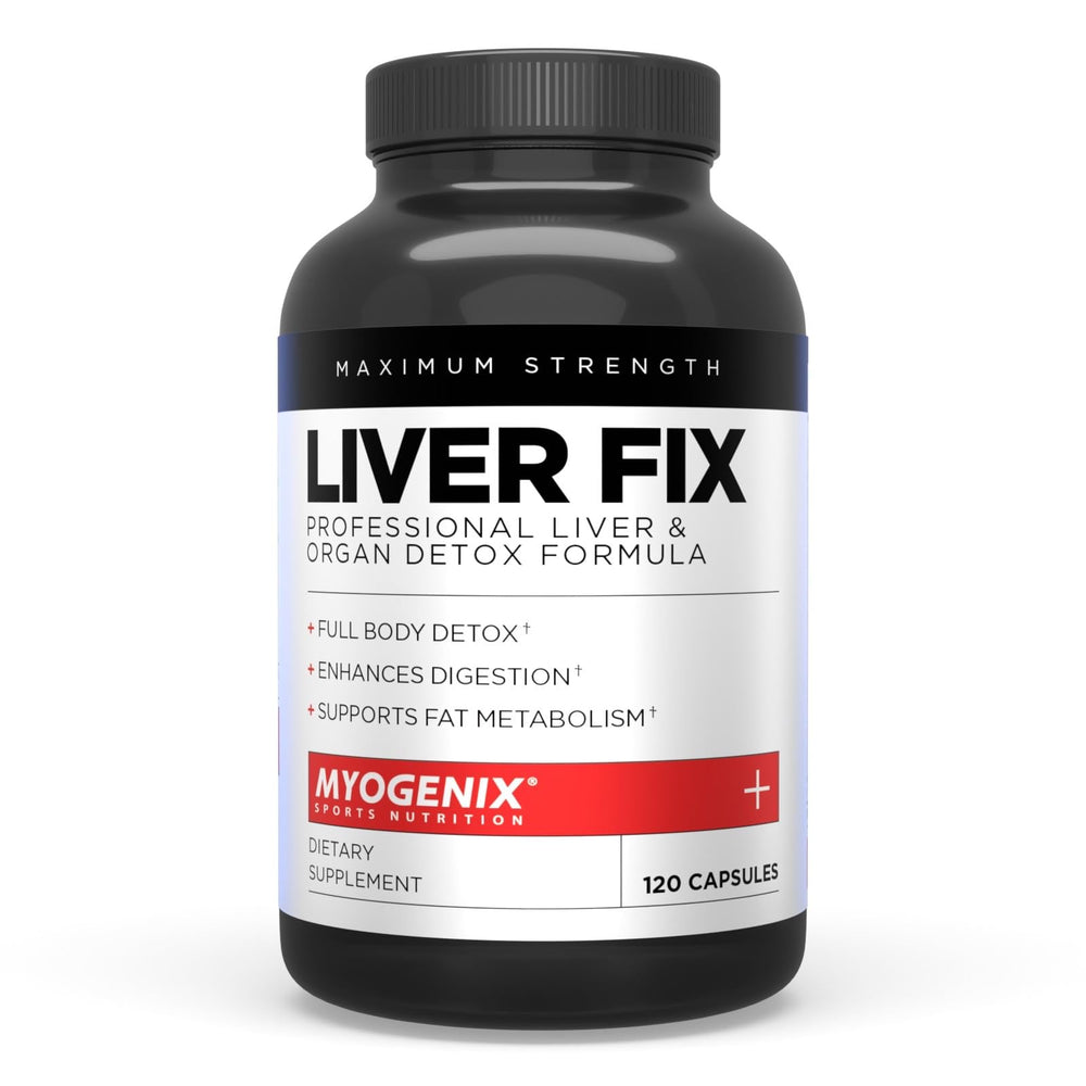 Packaging view of Myogenix Liver Fix bottle and label