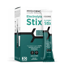MYOXCIENCE Electrolyte STIX bottle shown for on-the-go hydration.