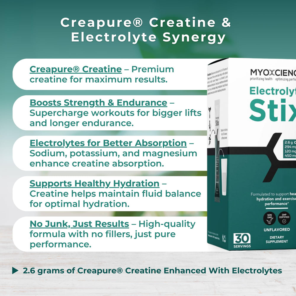 Close shot of creatine and taurine components in the MYOXCIENCE STIX blend.