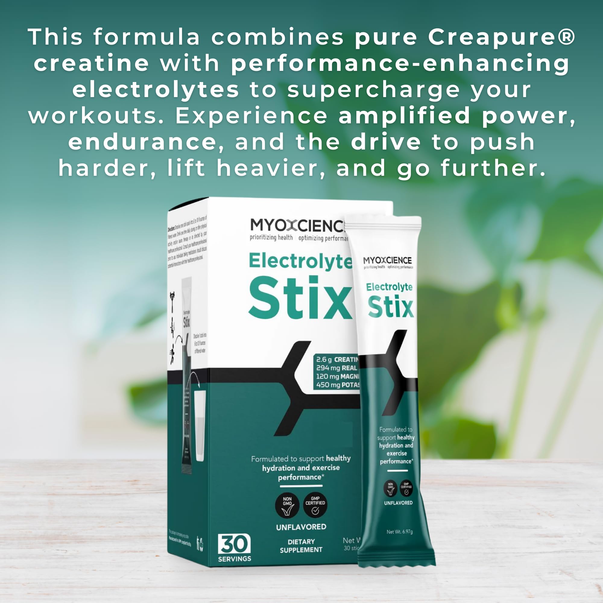 Close-up of MYOXCIENCE Electrolyte STIX powder area highlighting unflavored mix.
