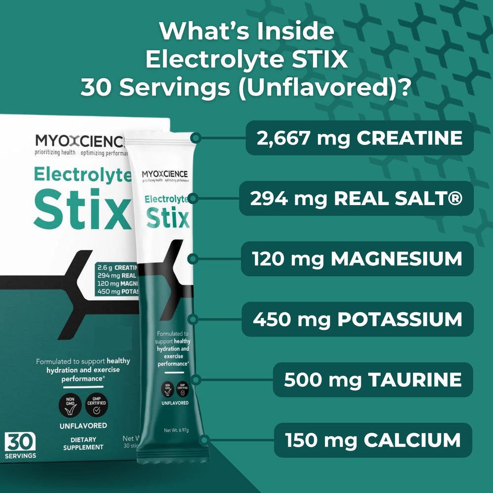 Travel-friendly stick-packs from MYOXCIENCE Electrolyte STIX for workouts on the move.