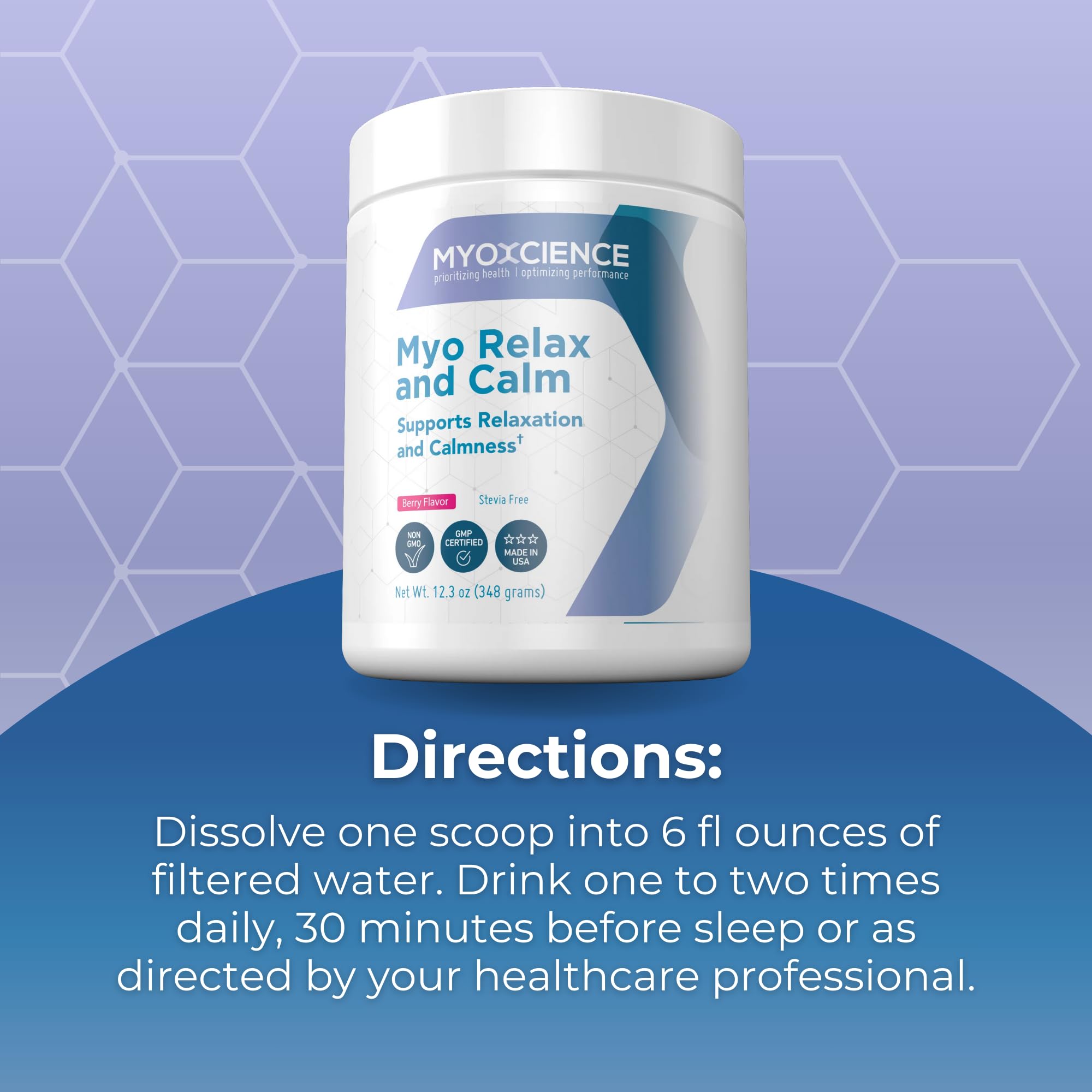 Retail display image of MYOXCIENCE Myo Relax & Calm Berry flavor