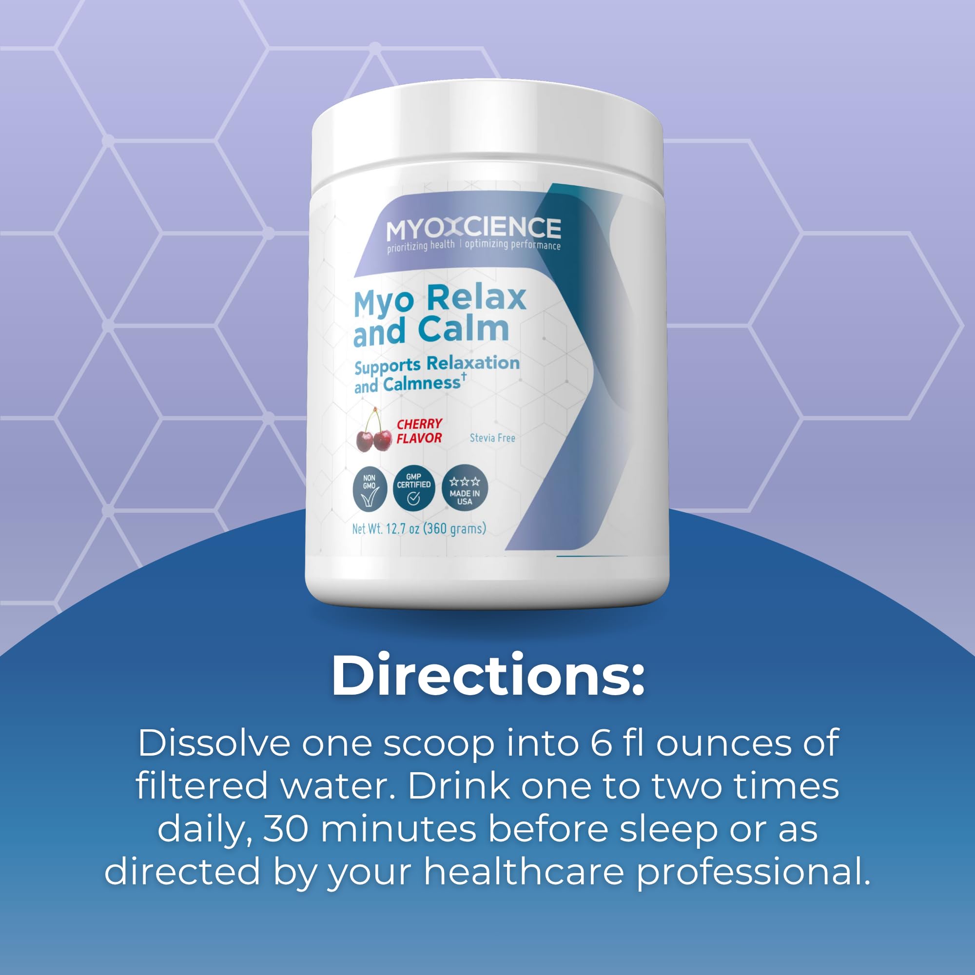 MYOXCIENCE Myo Relax and Calm bottle closeup communicates quality manufacturing.