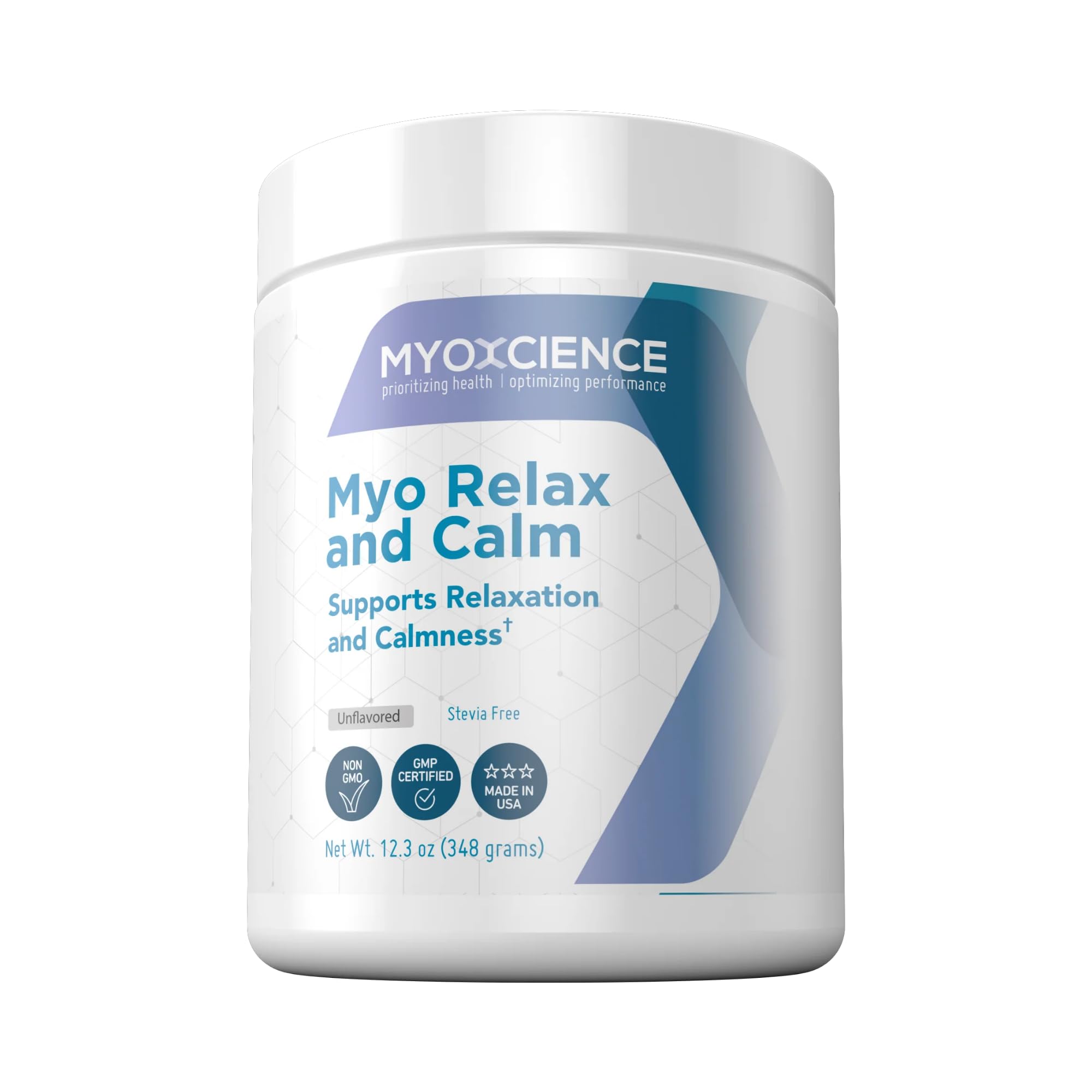 MYOXCIENCE Myo Relax & Calm bottle front showing unflavored formula for calm support.