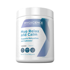 MYOXCIENCE Myo Relax & Calm bottle front showing unflavored formula for calm support.