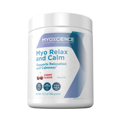 MYOXCIENCE Myo Relax and Calm bottle front promotes calm evenings with cherry flavor.