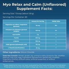 MYOXCIENCE Myo Relax & Calm label highlighting key ingredients and benefits.