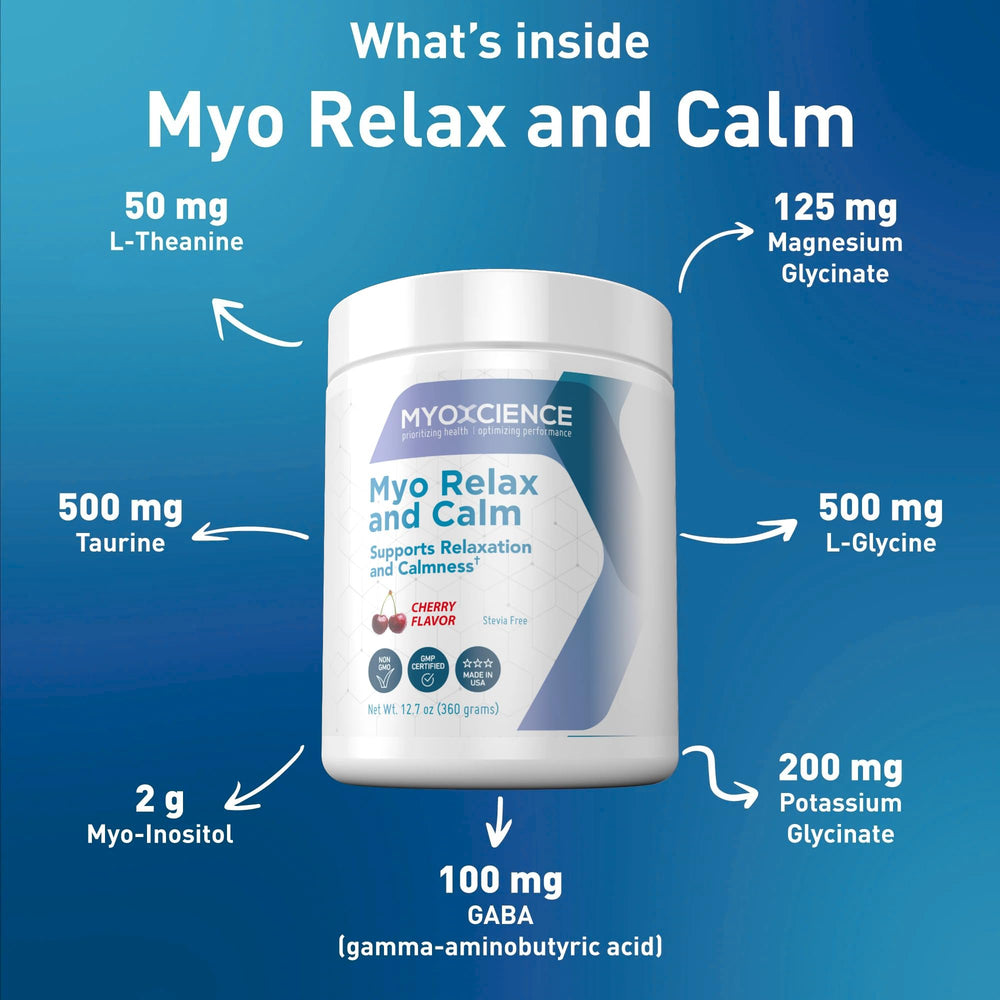 Myo Relax and Calm ingredients scene reveals magnesium, L-theanine, and GABA.