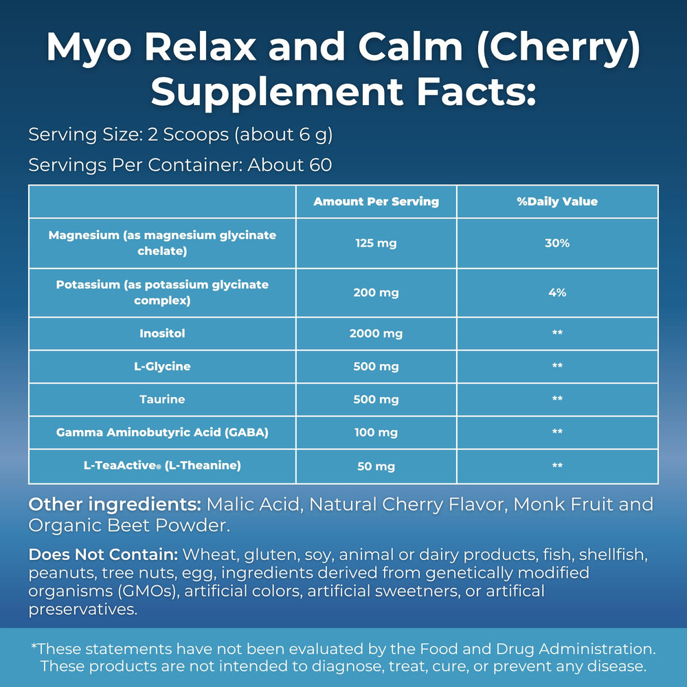 Myo Relax and Calm label closeup shows allergen-free formulation for sensitive routines.