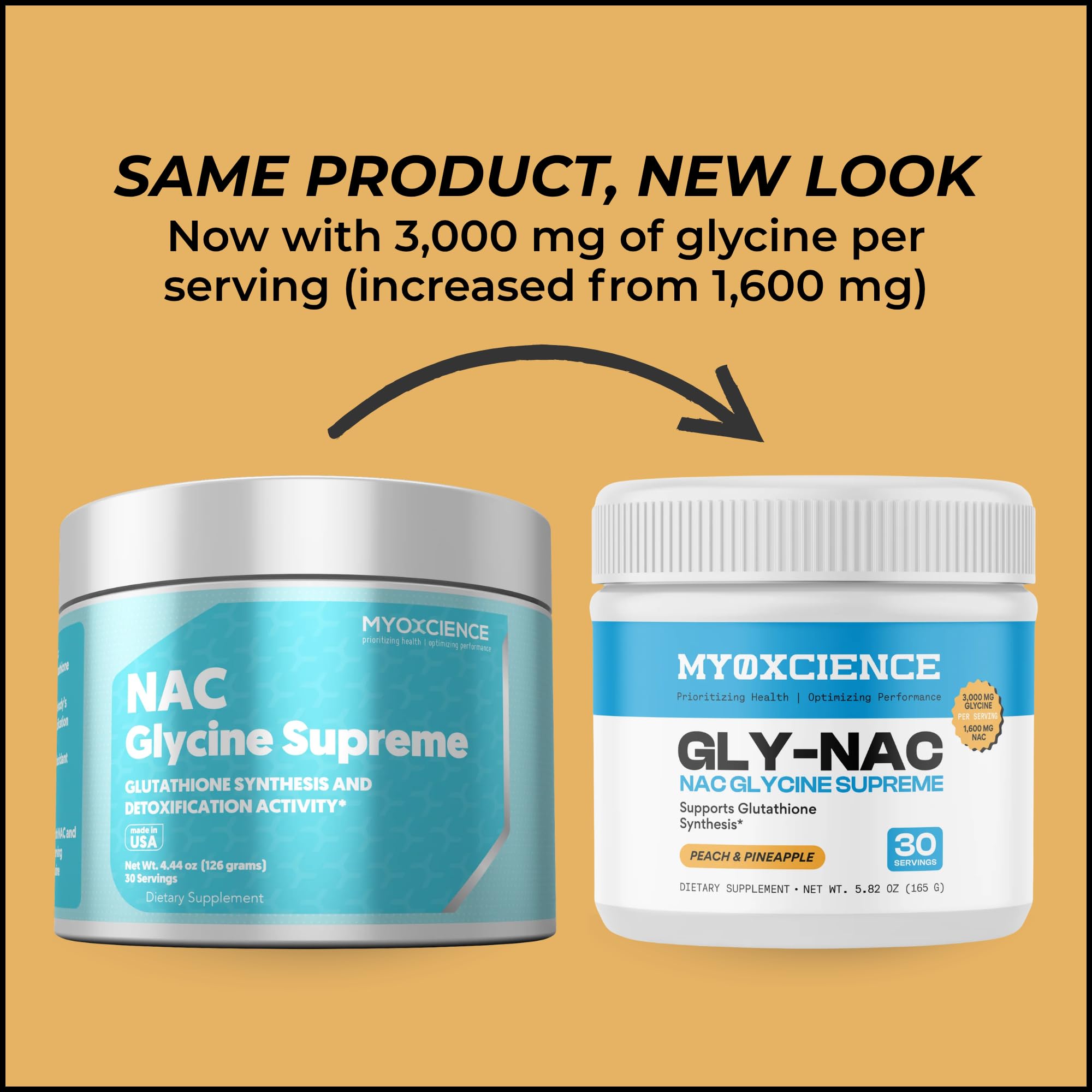 MYOXCIENCE NAC Glycine Supreme ingredients panel shows NAC, glycine, taurine