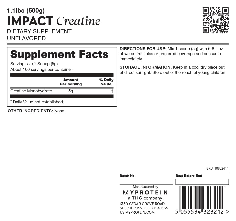 Close-up of label and scoop for Myprotein Creatine Monohydrate Powder
