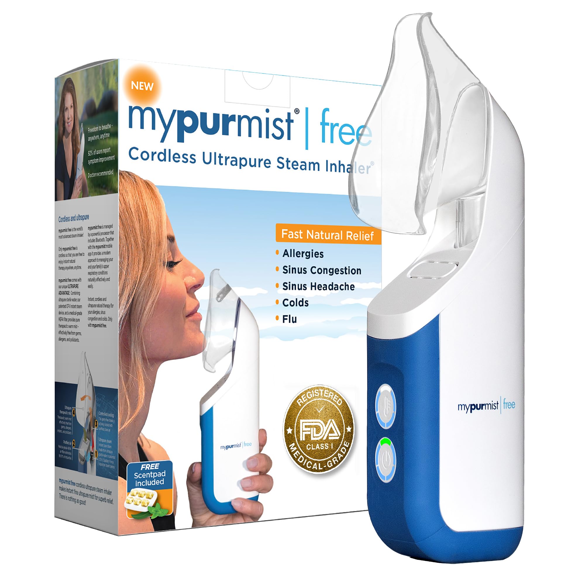 Mypurmist Free cordless steam inhaler front view for portable sinus relief on the go.