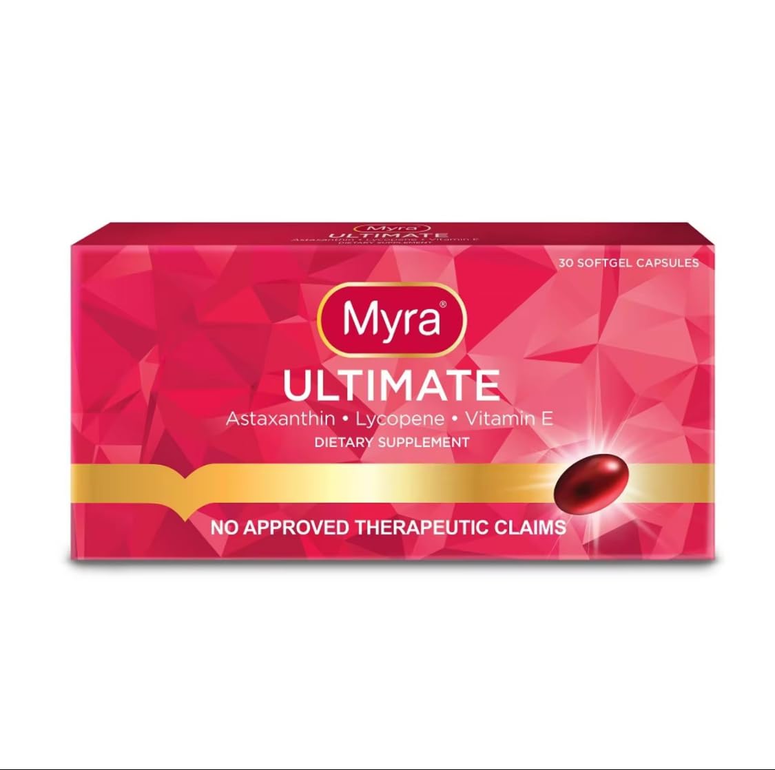 Front view of Myra Utimate bottle with 30 softgel capsules