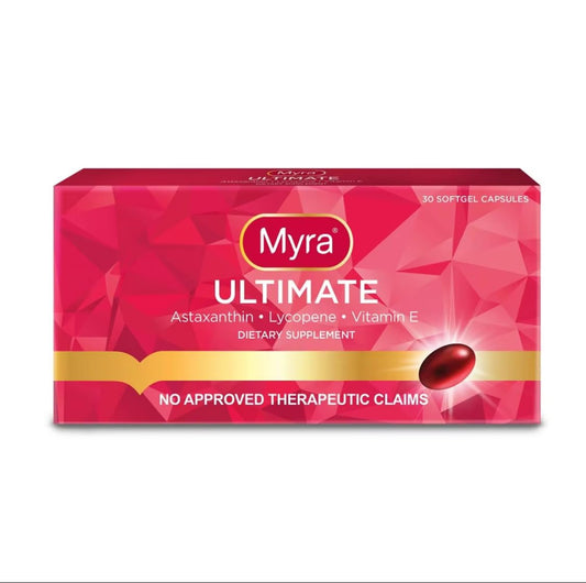 Front view of Myra Utimate bottle with 30 softgel capsules