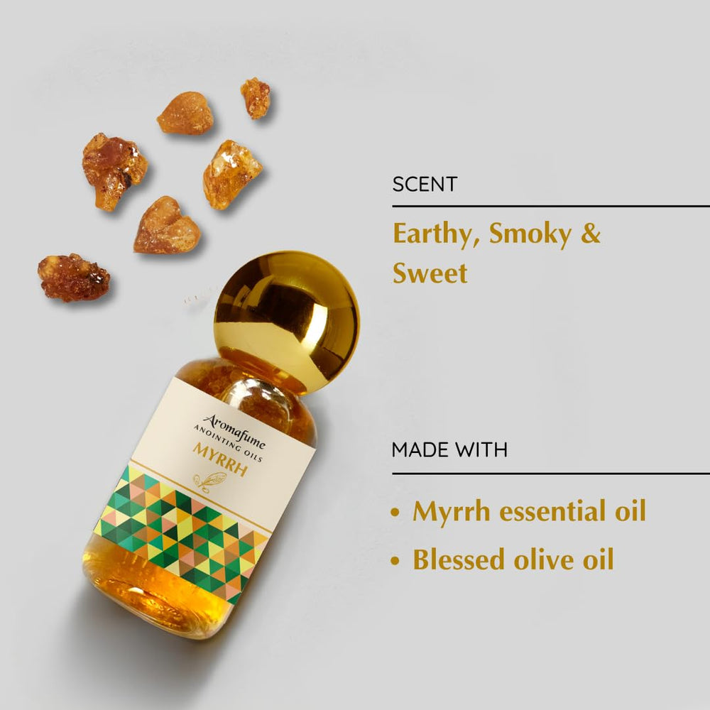 Close up of myrrh oil bottle with spices from Jerusalem