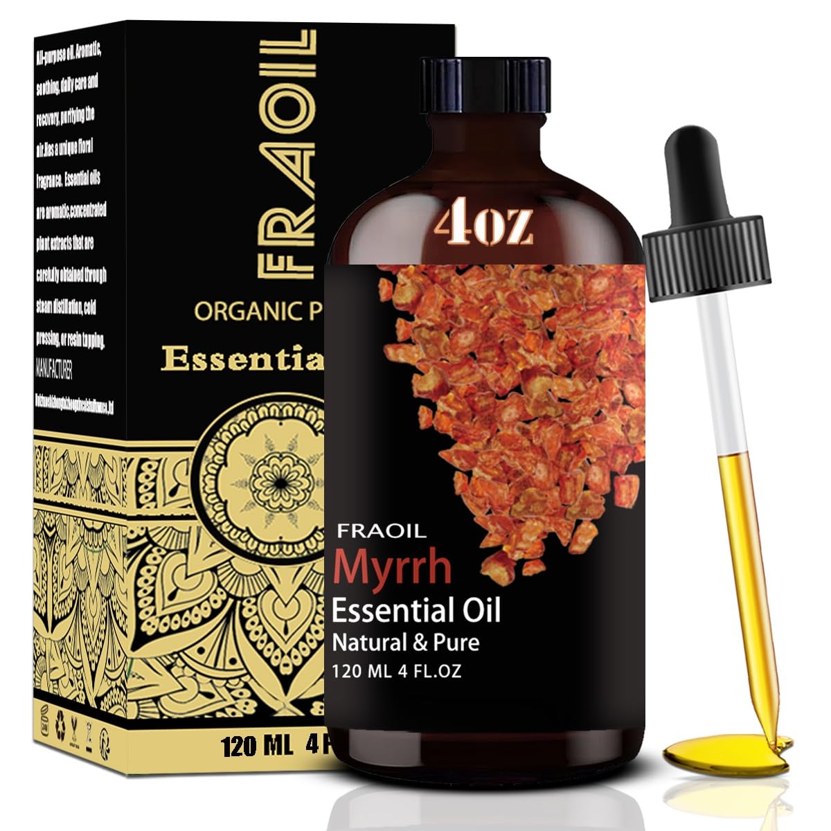 4 oz amber glass bottle of Myrrh Essential Oil