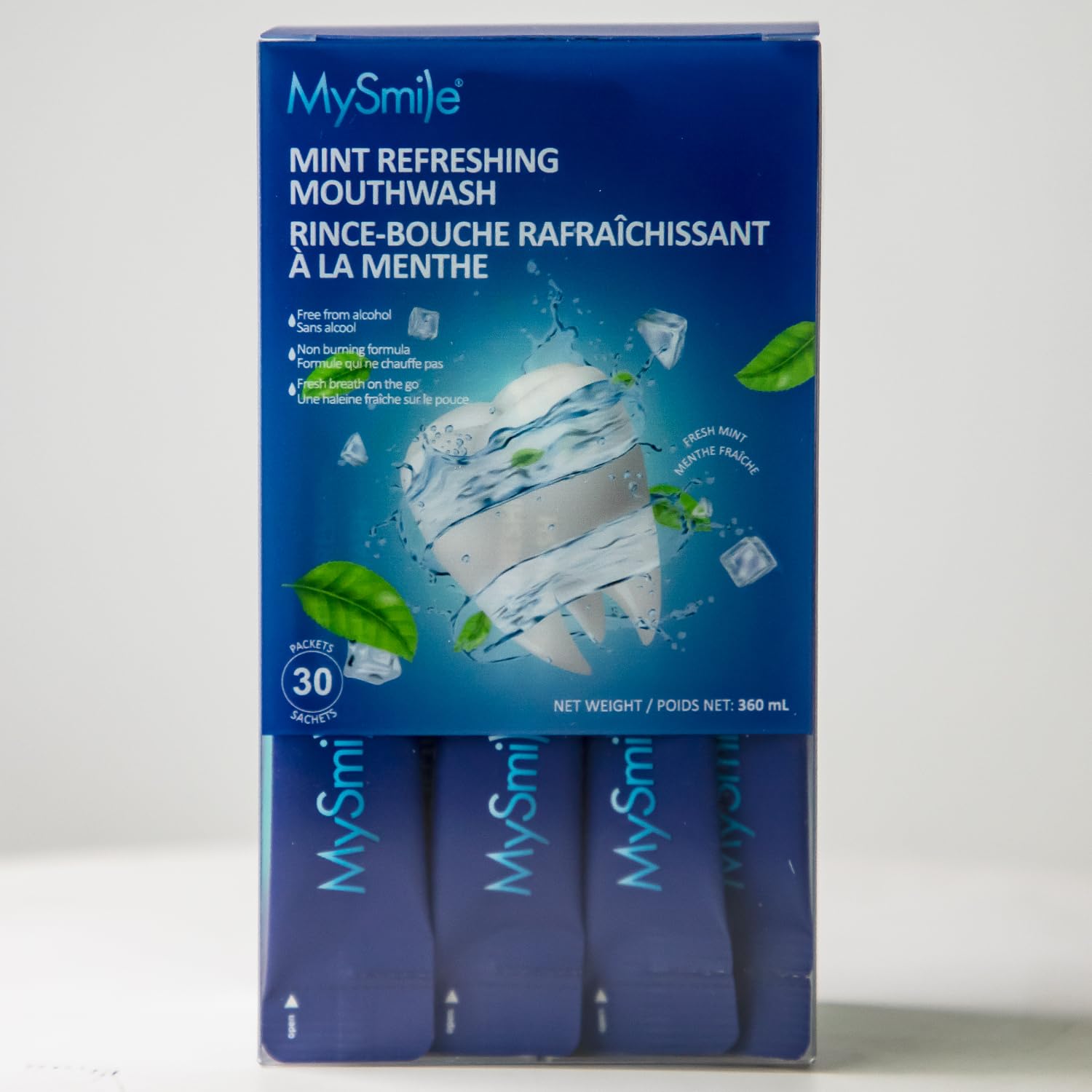 Close-up of individual mouthwash sachet