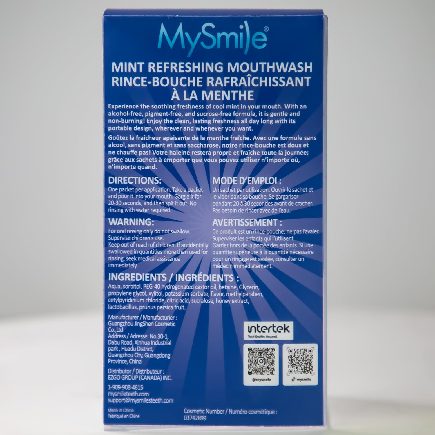 Box showcasing 30 uses for MySmile mouthwash