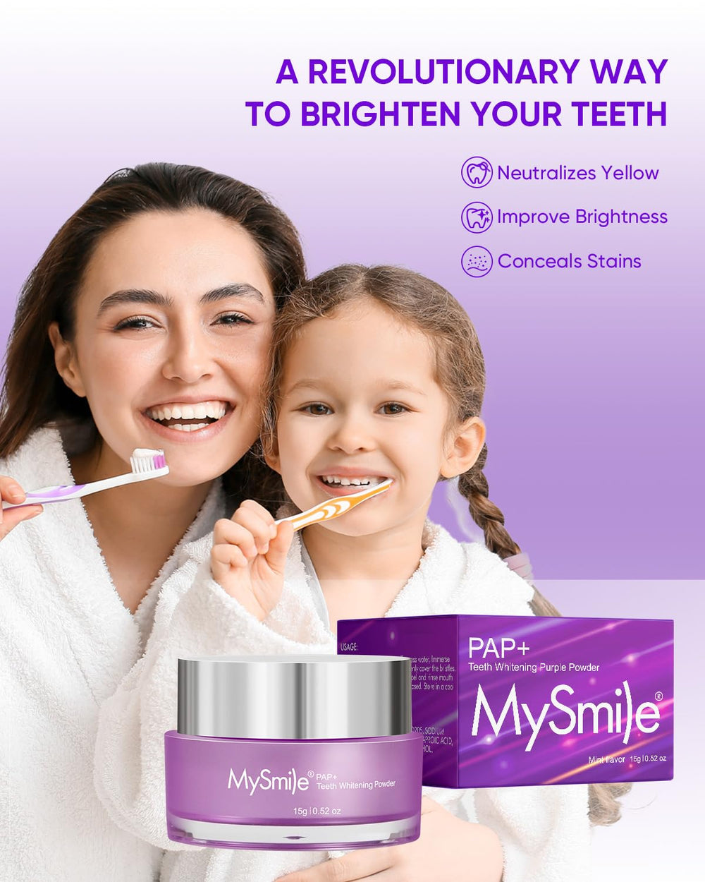 Purple tint cancels yellow stains for brighter teeth