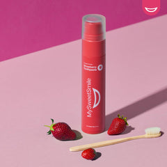 Close-up of toothpaste with strawberry flavor burst