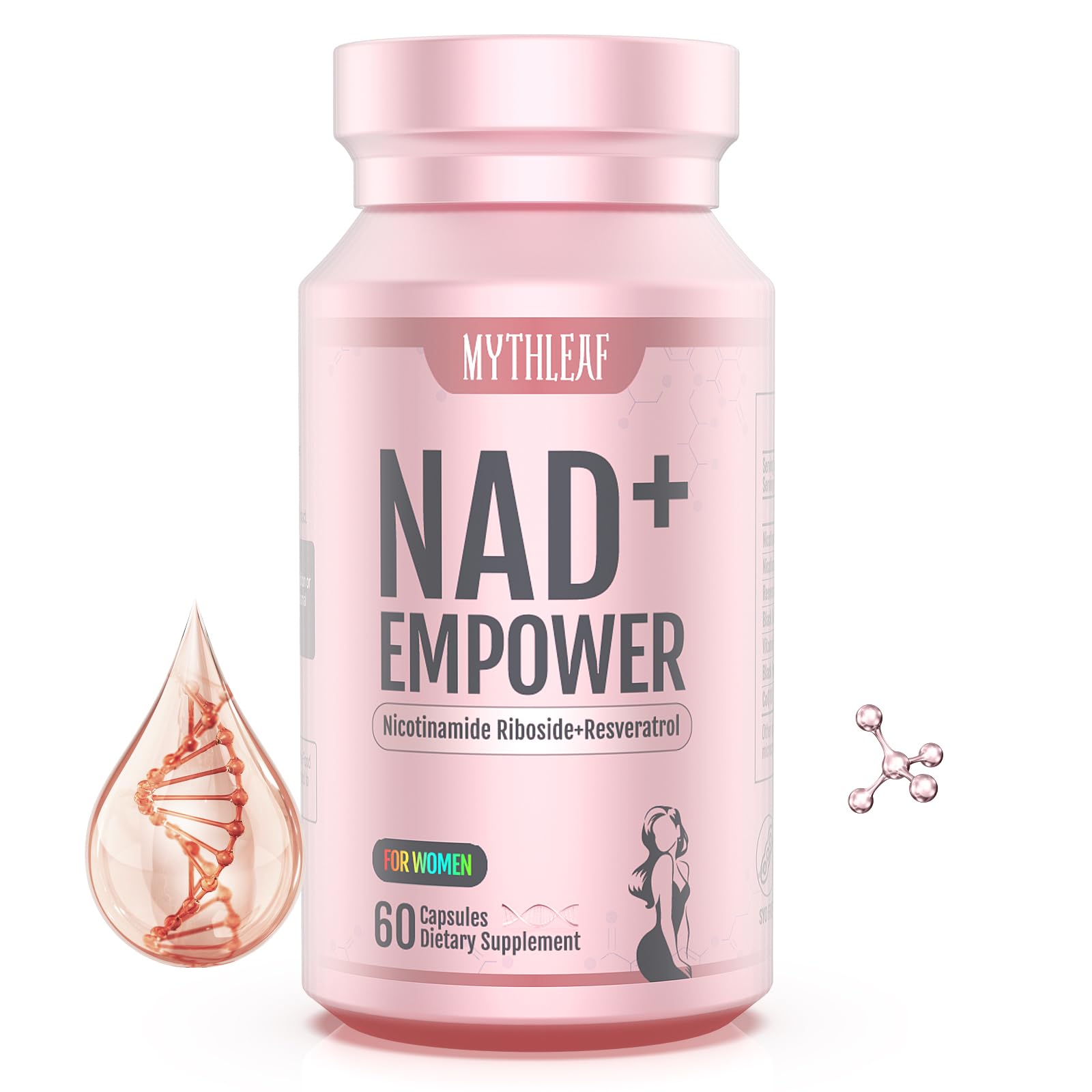 MythLeaf NAD+ supplement bottle with rose-gold packaging