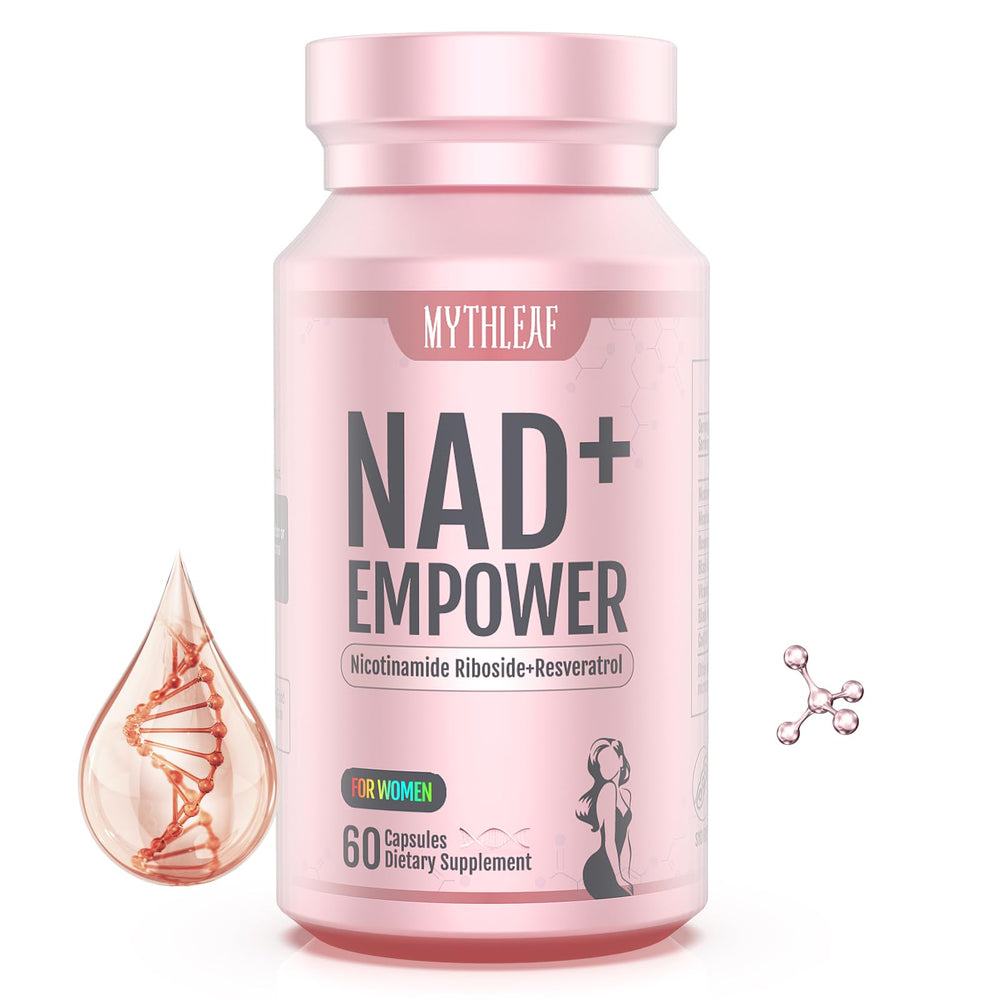 MythLeaf NAD+ supplement bottle with rose-gold packaging