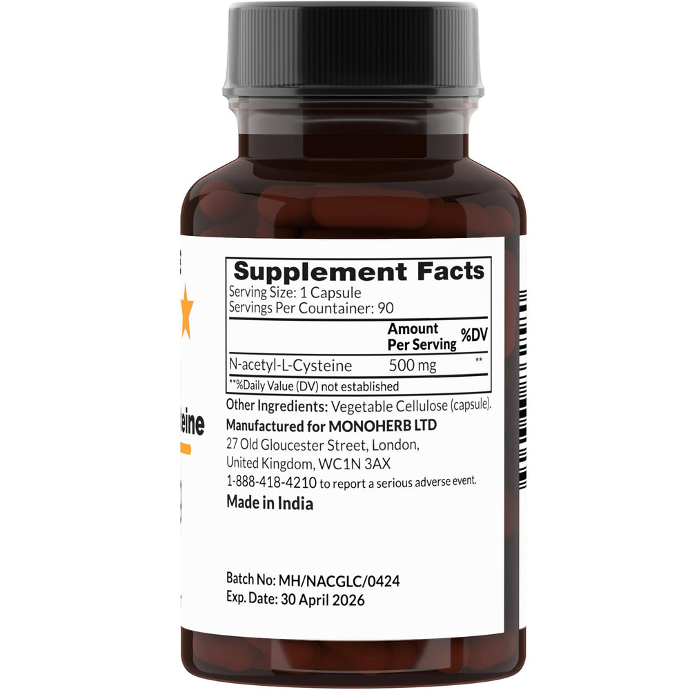 N-Acetyl-L-Cysteine NAC 500 mg vegan capsules bottle - label close-up