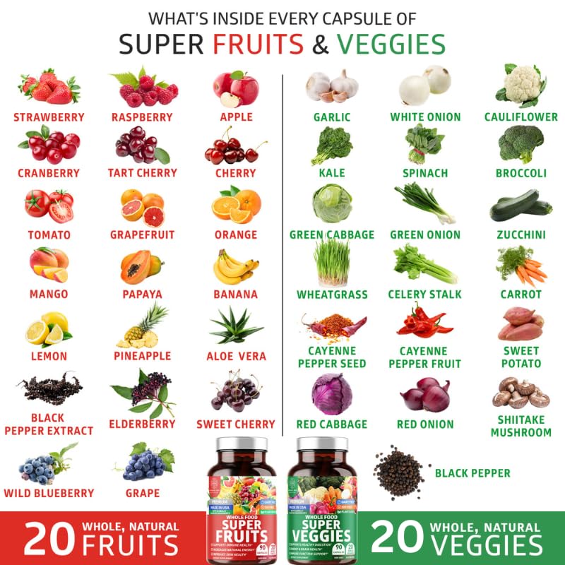 Assorted real fruits and vegetables used in the blend