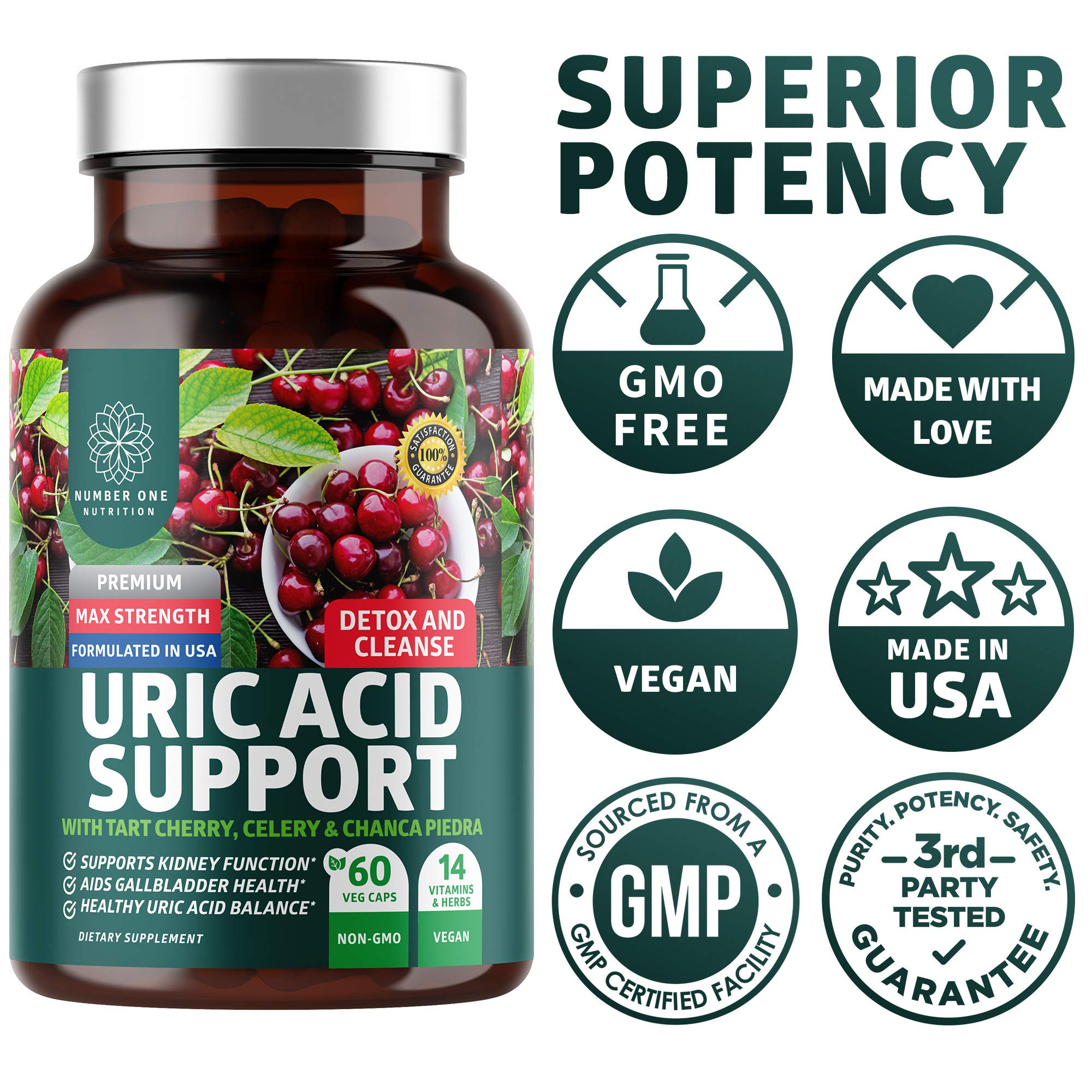 60 vegan capsules of N1N Uric Acid Support displayed with natural ingredients