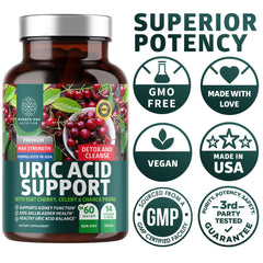 60 vegan capsules of N1N Uric Acid Support displayed with natural ingredients
