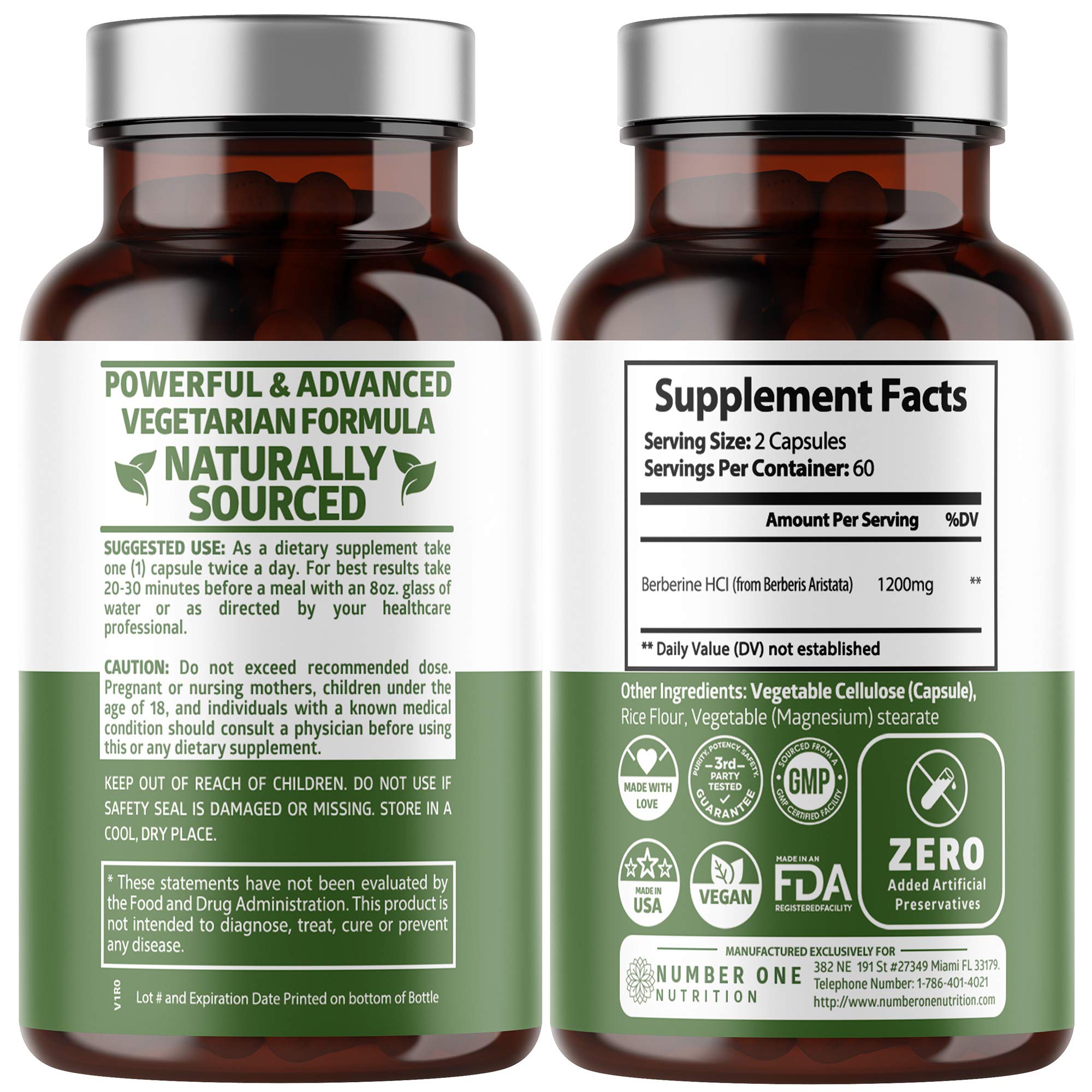 Back label of Number One Nutrition N1N Premium Berberine Plus bottle