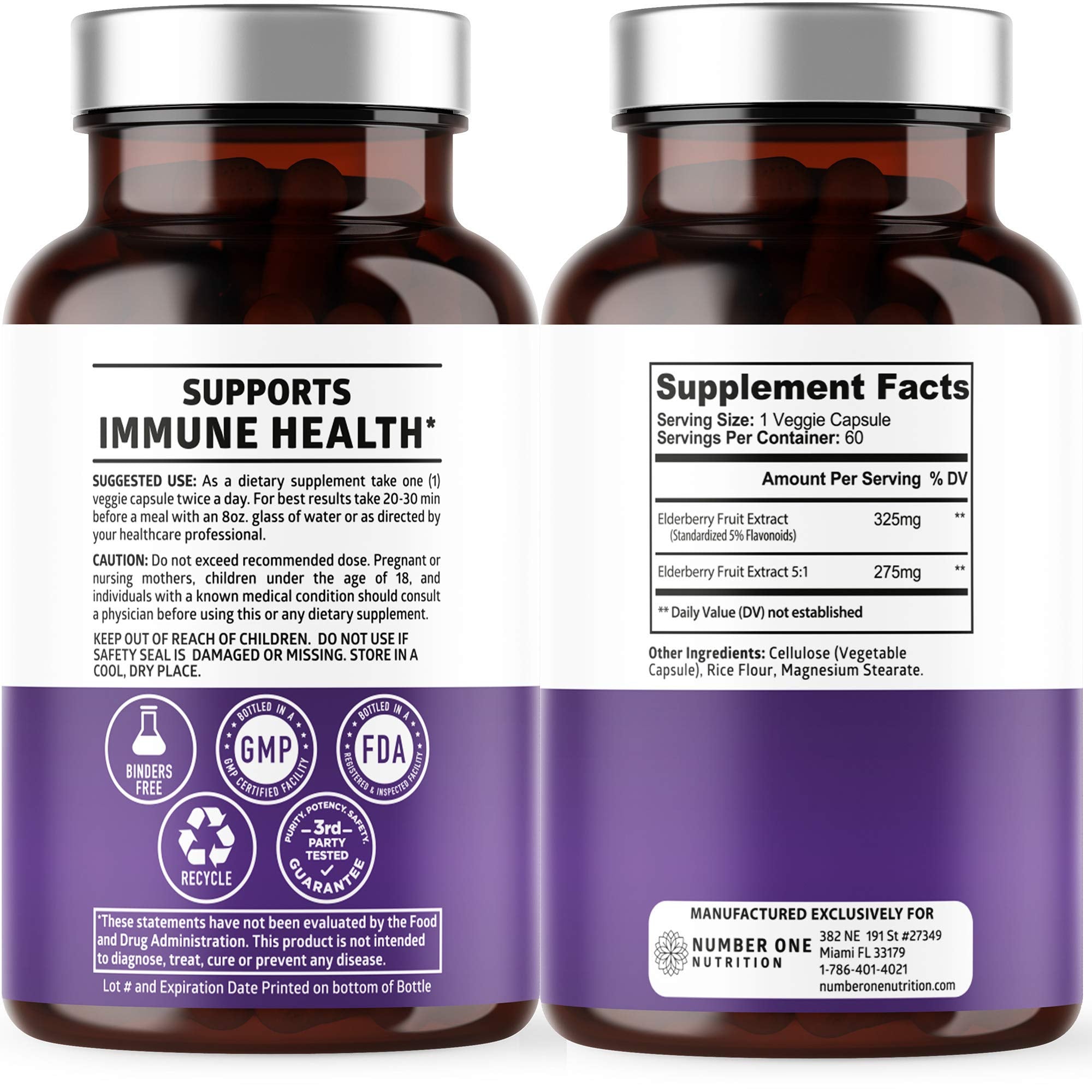Close-up of black elderberry capsules in a bottle