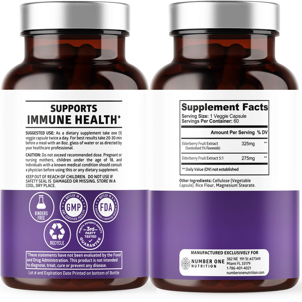 Close-up of black elderberry capsules in a bottle