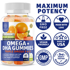 Product packaging showing vegan omega gummies for brain and immunity