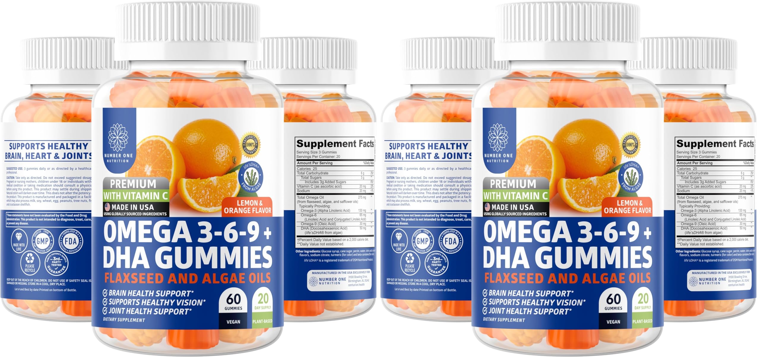 N1N Premium Omega 3-6-9 + DHA Gummies vegan plant-based 60 gummies per pack (Pack of 2) front hero
