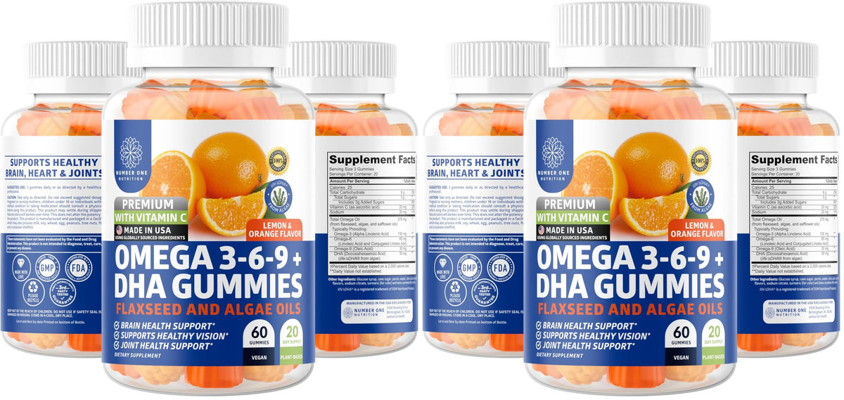 N1N Premium Omega 3-6-9 + DHA Gummies vegan plant-based 60 gummies per pack (Pack of 2) front hero