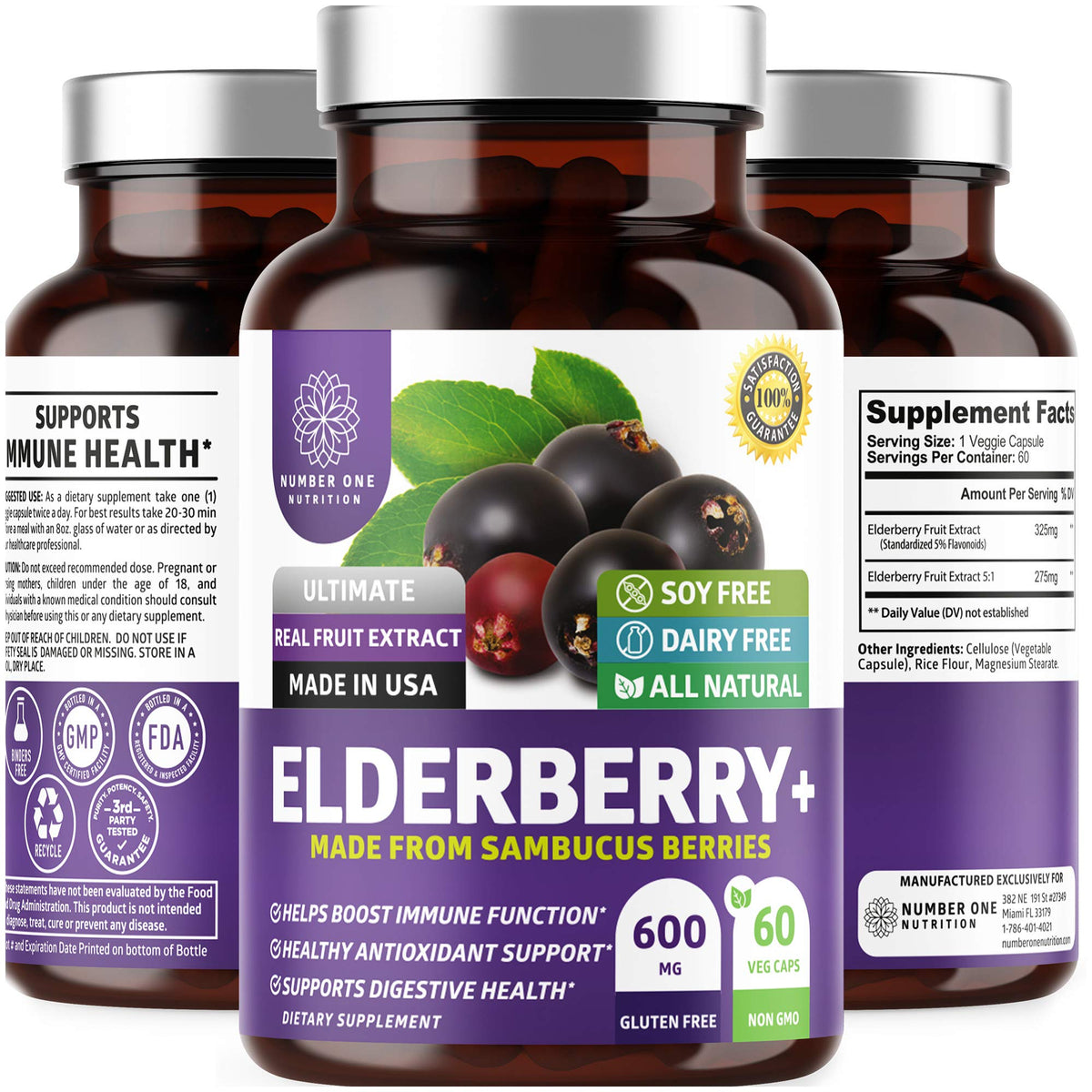 Front view of N1N Premium Black Elderberry Capsules bottle with 60 Veg Caps