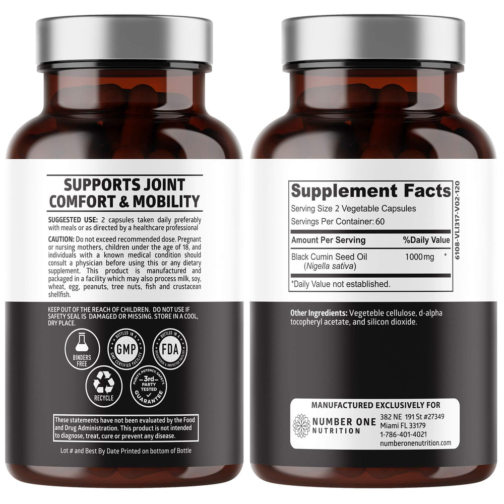 Close-up of 1000 mg black seed oil softgel capsules