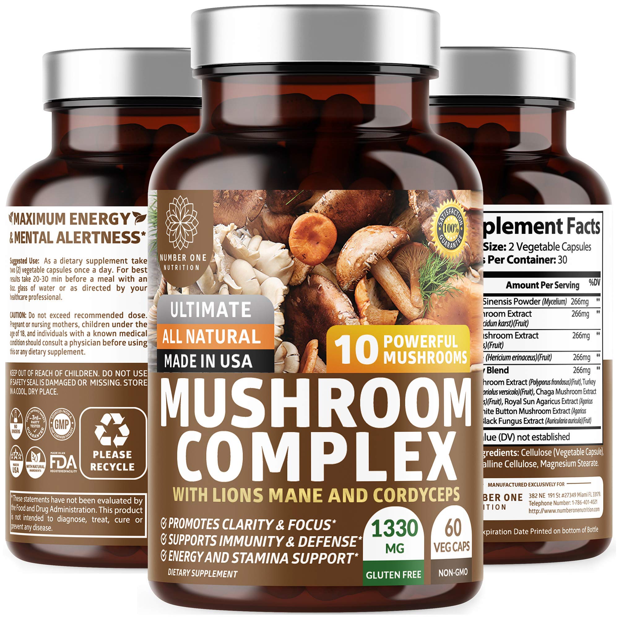 Bottle of N1N Premium Mushroom Complex with 60 vegan capsules