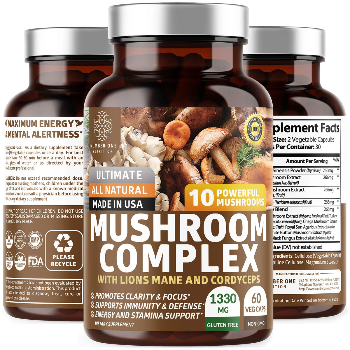 Bottle of N1N Premium Mushroom Complex with 60 vegan capsules