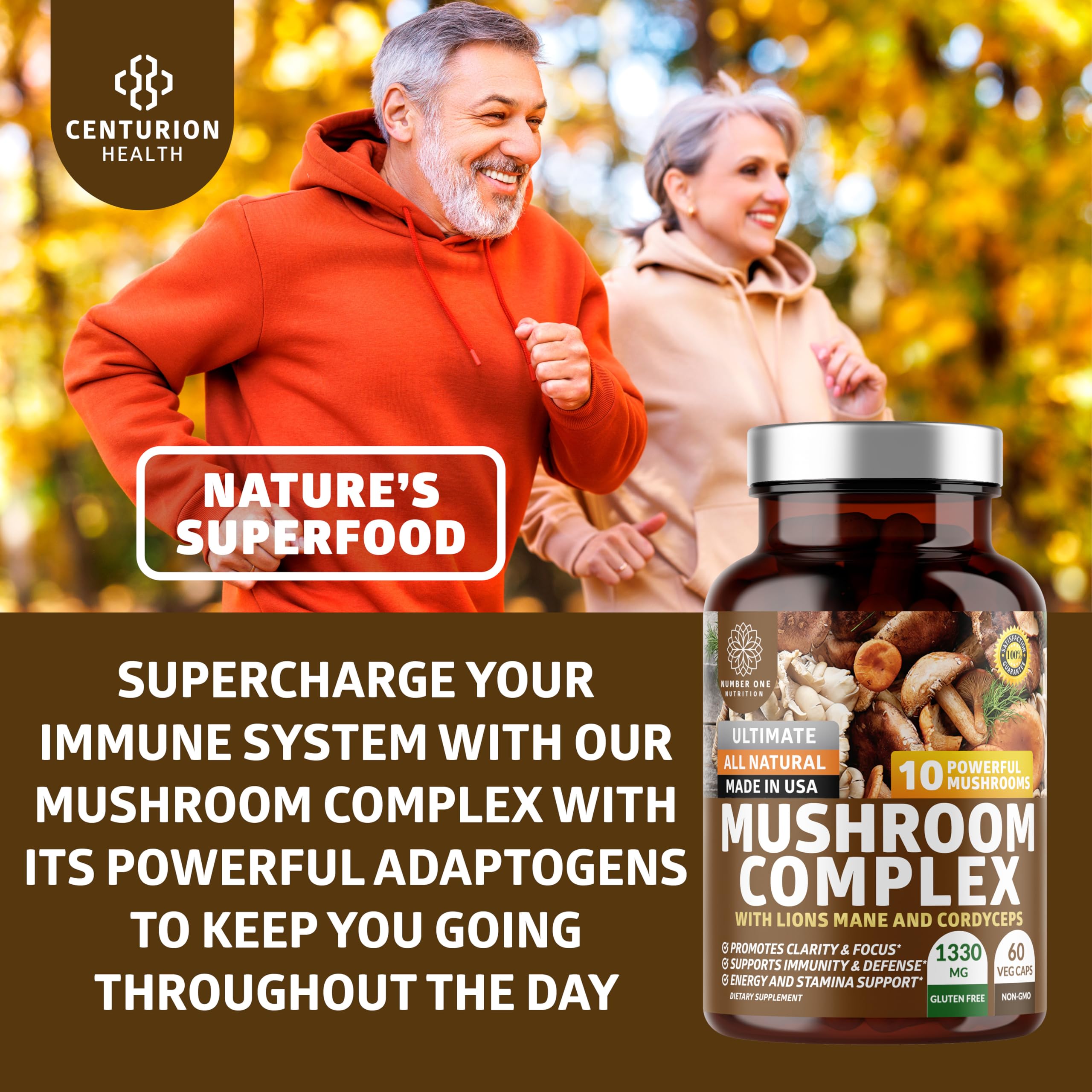 Close-up of mushroom extract ingredients: Reishi, Lions Mane, Cordyceps