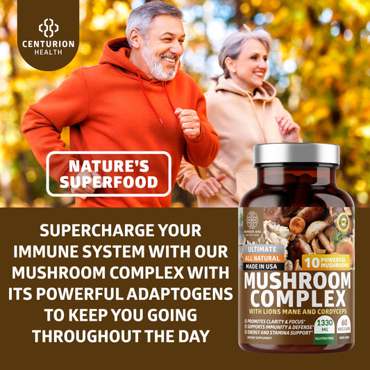 Close-up of mushroom extract ingredients: Reishi, Lions Mane, Cordyceps