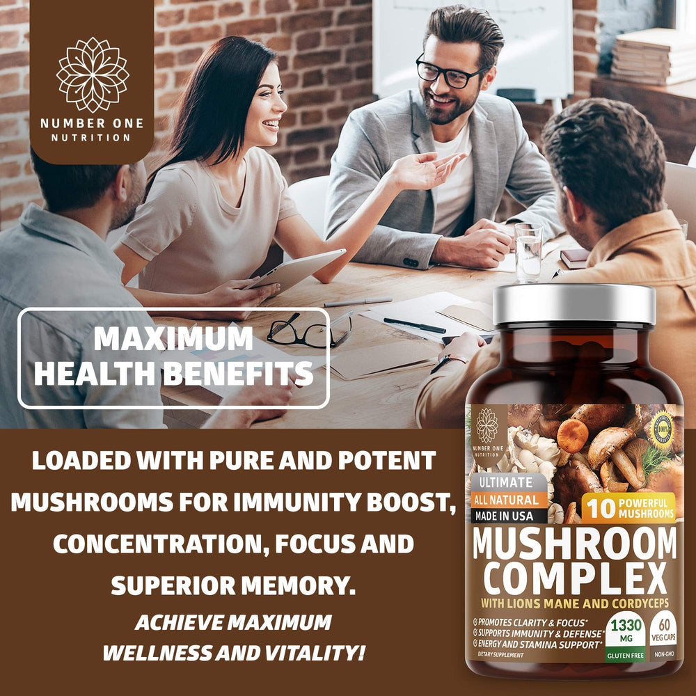Graphic depicting brain, focus and energy benefits from the mushroom complex