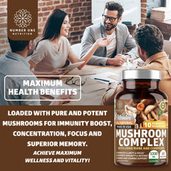 Graphic depicting brain, focus and energy benefits from the mushroom complex