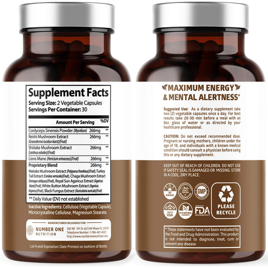Ingredients: 10-mushroom blend including Reishi, Lion's Mane, Cordyceps, Shiitake, Chaga, Maitake, Turkey Tail, Sun Agaricus, White Button Mushroom and Black Fungus