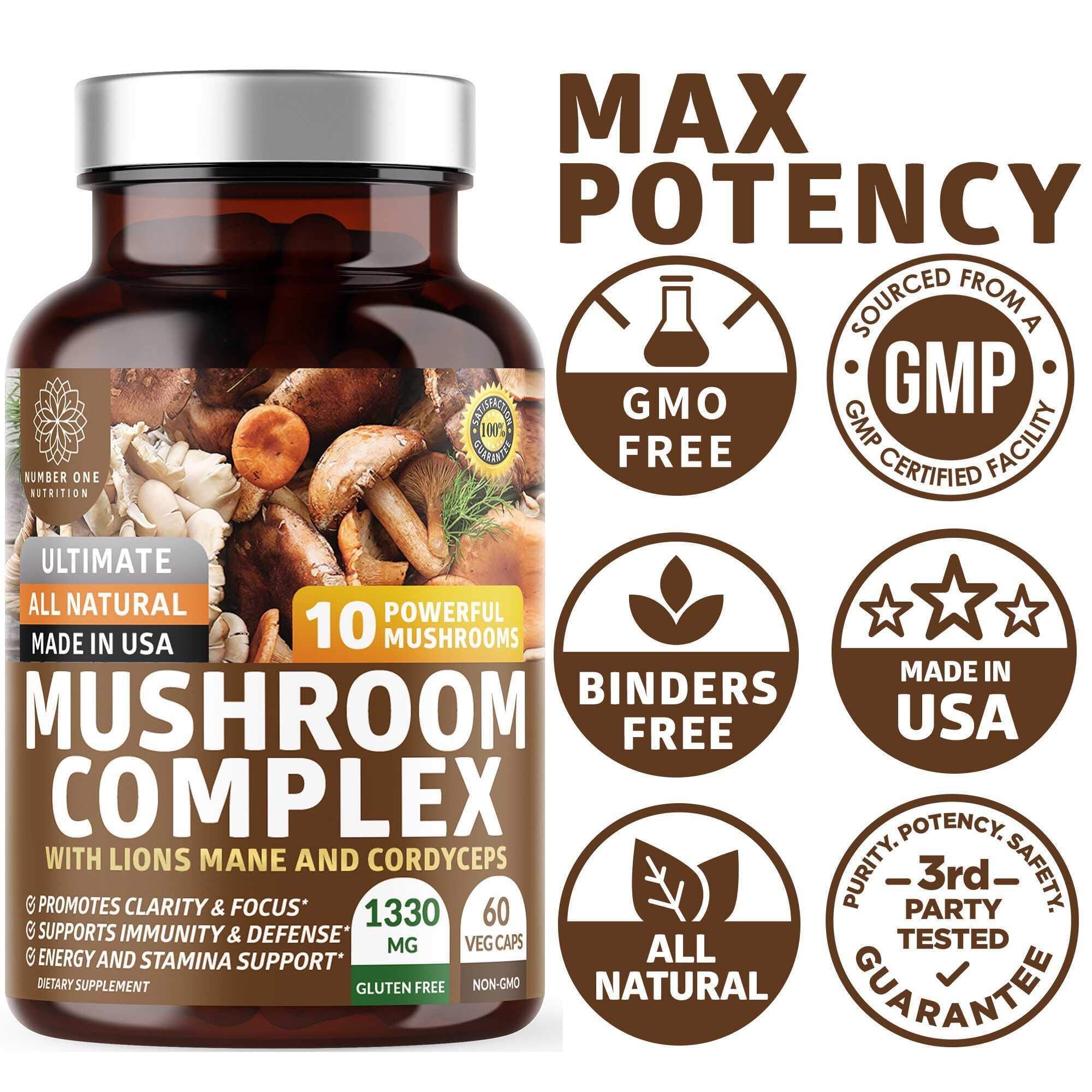 Product packaging displaying two packs of N1N Premium Mushroom Complex with 60 capsules each
